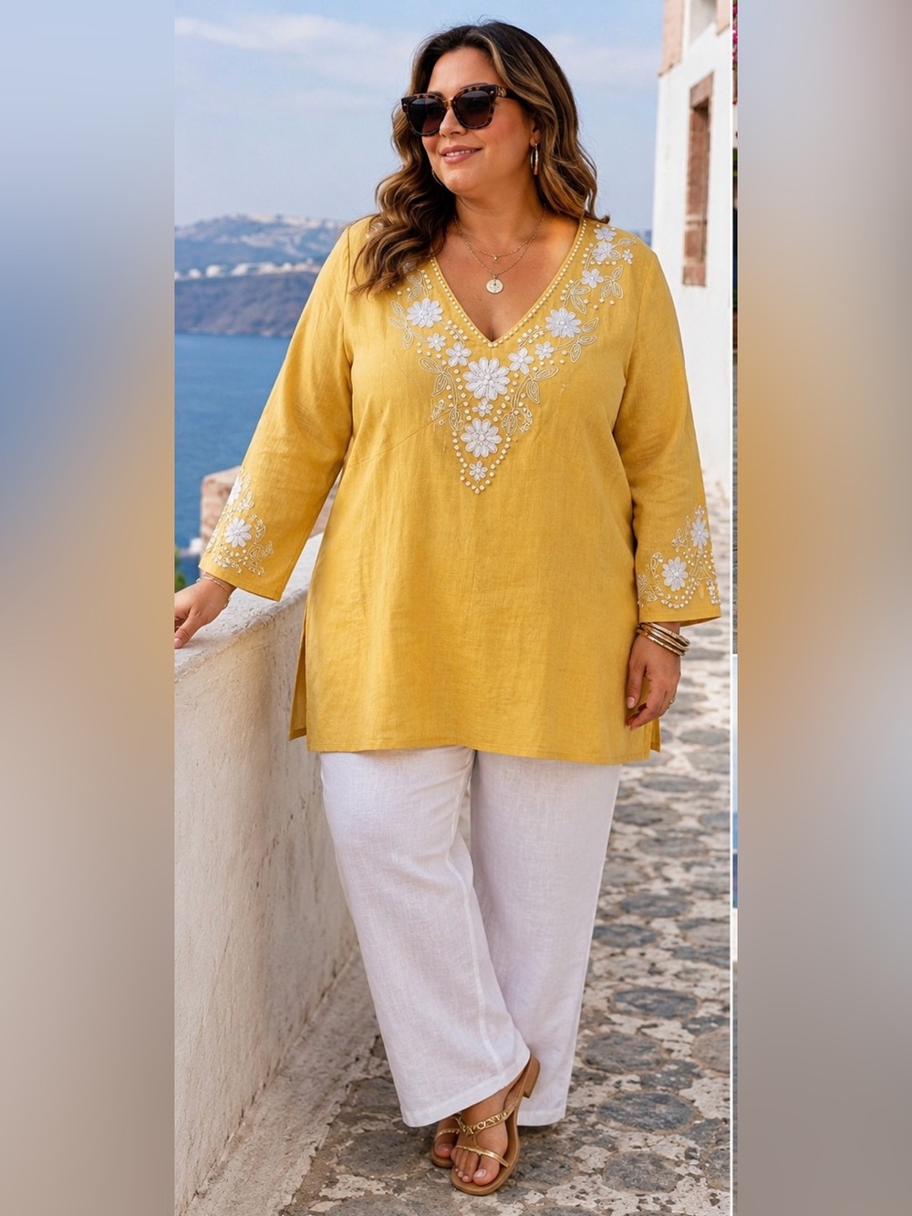Lafayette 148 Yellow Linen Embroidered Beaded Tunic Top Size 22 Summer Boho